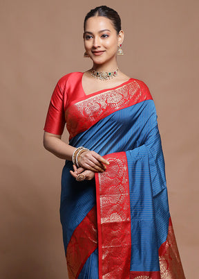 Blue Kanjivaram Silk Saree With Blouse Piece