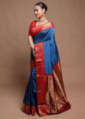 Blue Kanjivaram Silk Saree With Blouse Piece