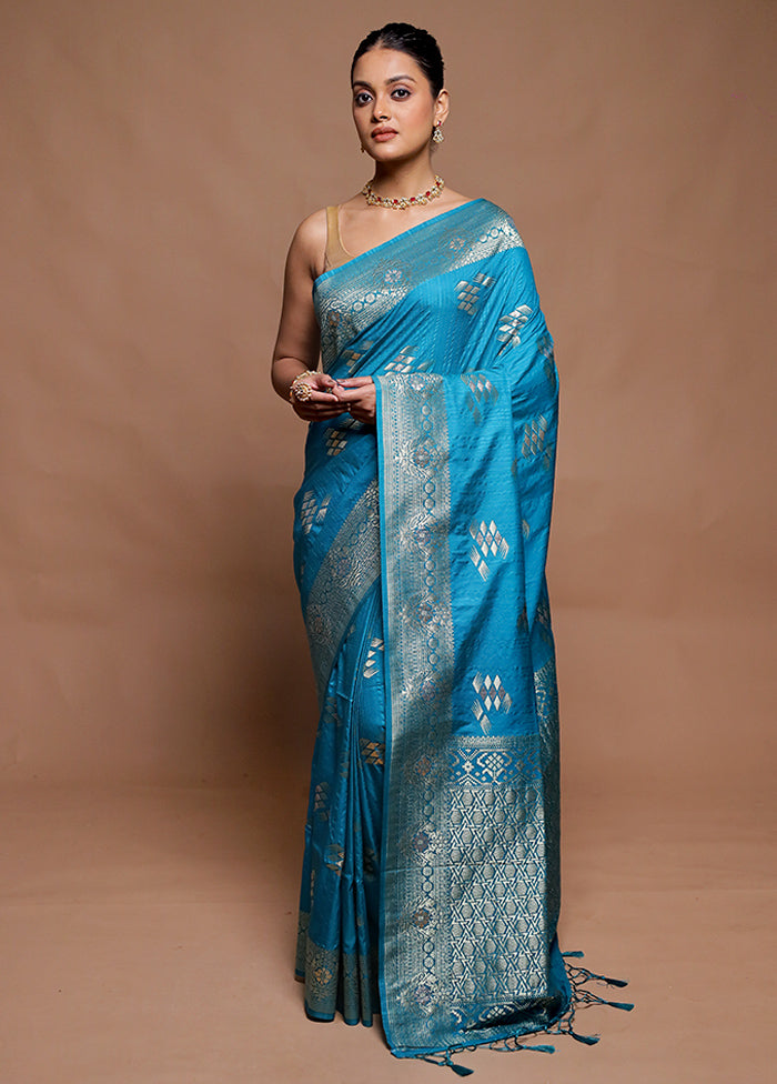 Blue Dupion Silk Saree With Blouse Piece