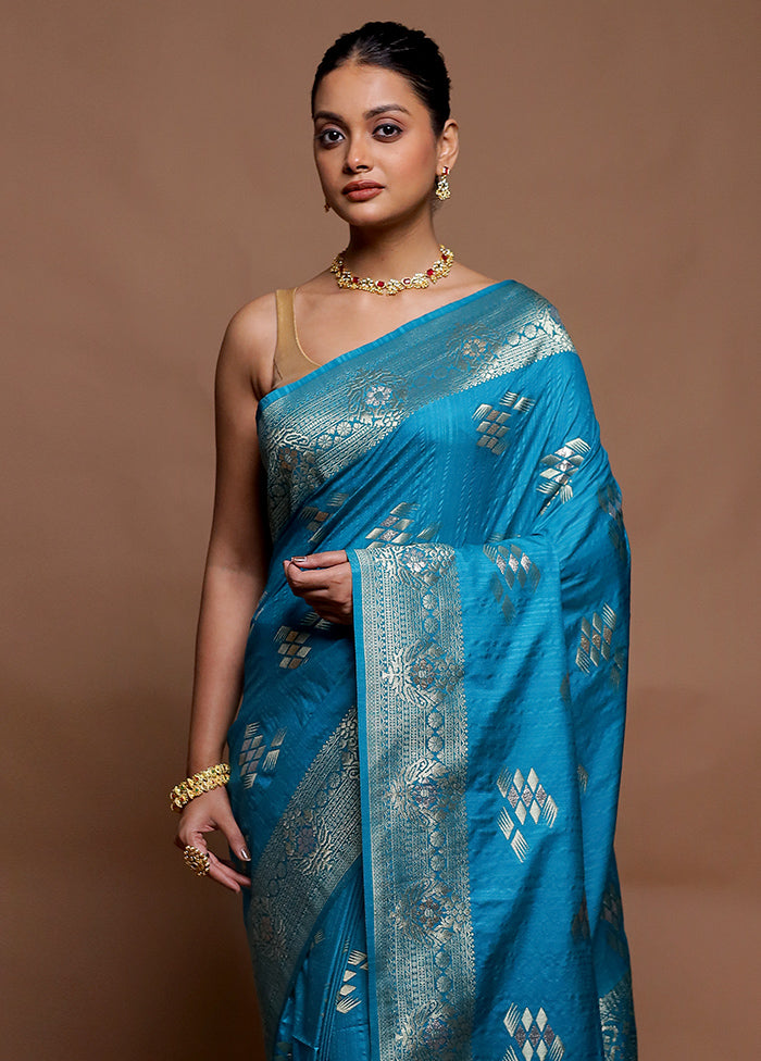 Blue Dupion Silk Saree With Blouse Piece