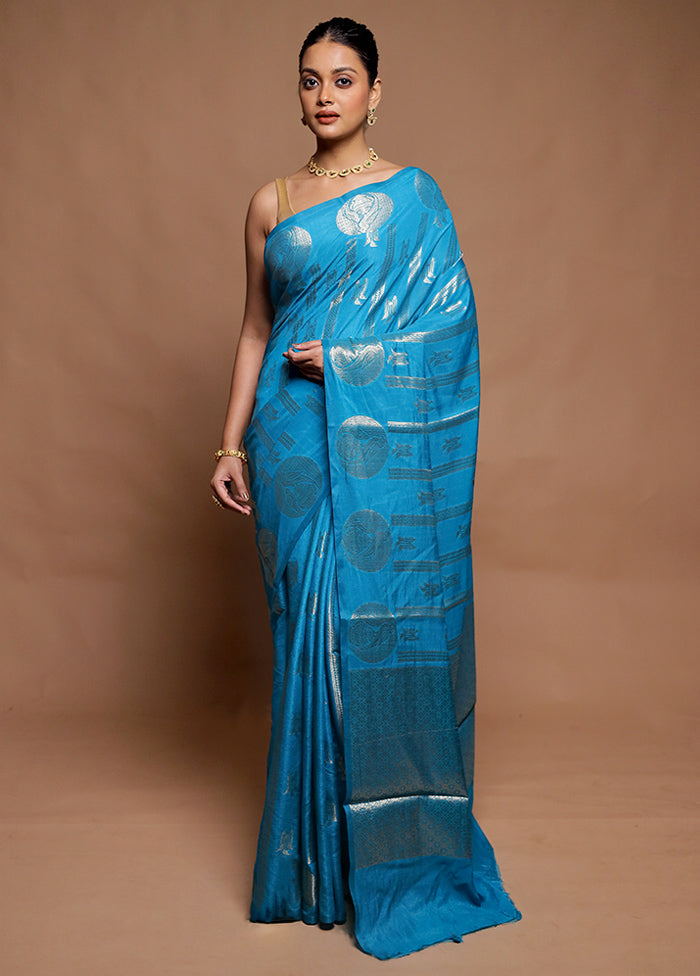 Blue Dupion Silk Saree With Blouse Piece