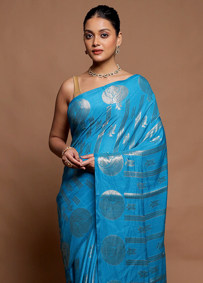 Blue Dupion Silk Saree With Blouse Piece