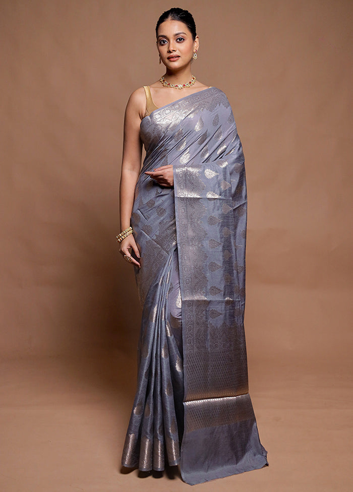 Grey Dupion Silk Saree With Blouse Piece