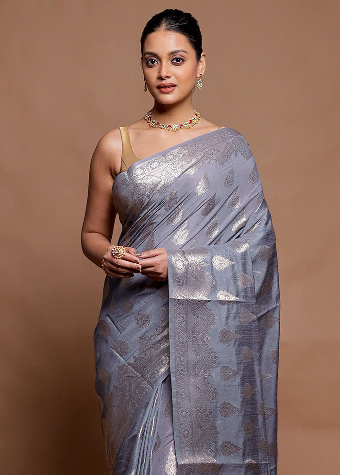 Grey Dupion Silk Saree With Blouse Piece