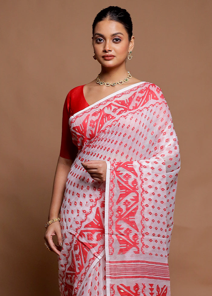 White Tant Jamdani Saree Without Blouse Piece