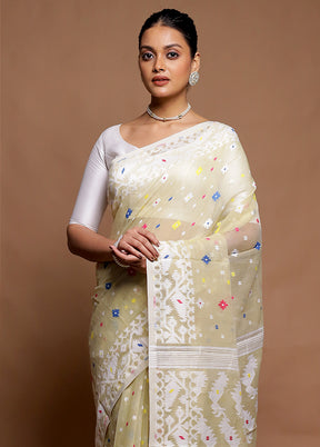 Cream Tant Jamdani Saree Without Blouse Piece