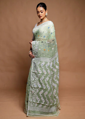 Green Tant Jamdani Saree Without Blouse Piece