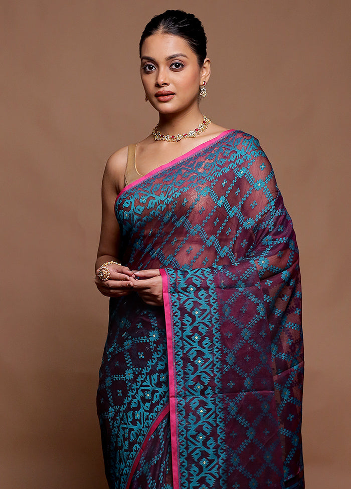 Purple Tant Jamdani Saree Without Blouse Piece