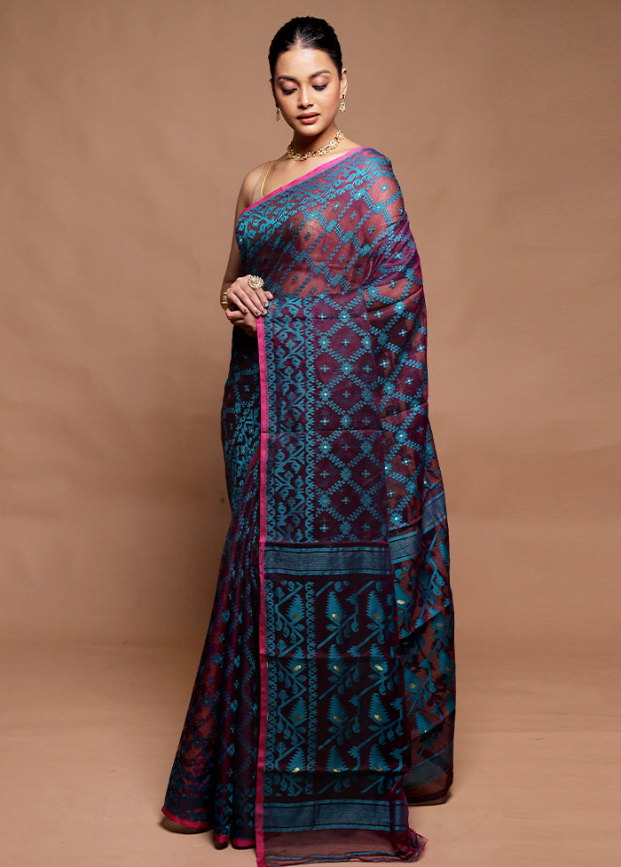 Purple Tant Jamdani Saree Without Blouse Piece