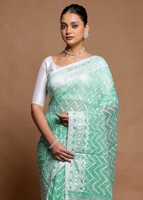 Green Tant Jamdani Saree Without Blouse Piece