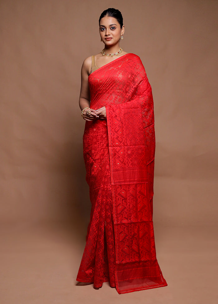 Red Tant Jamdani Saree Without Blouse Piece