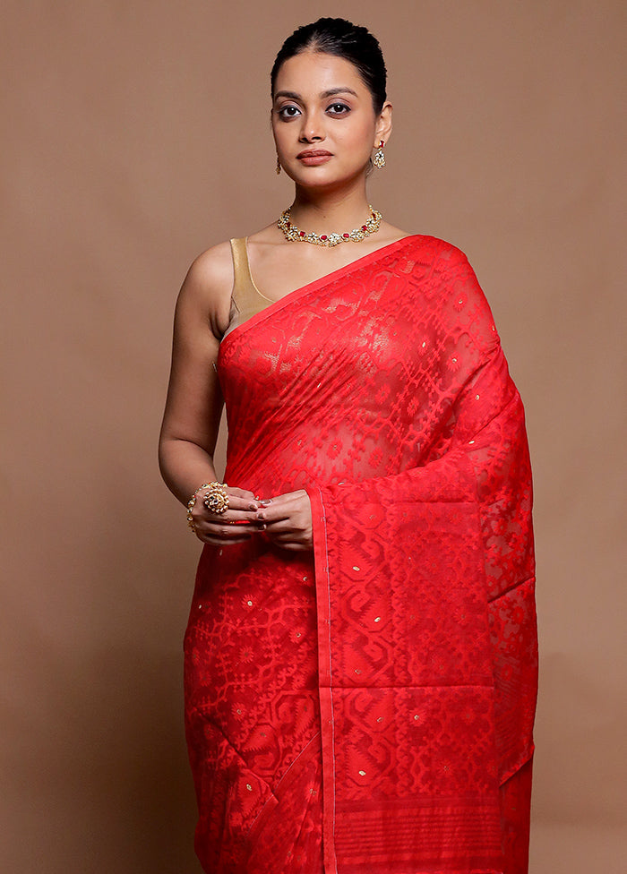 Red Tant Jamdani Saree Without Blouse Piece