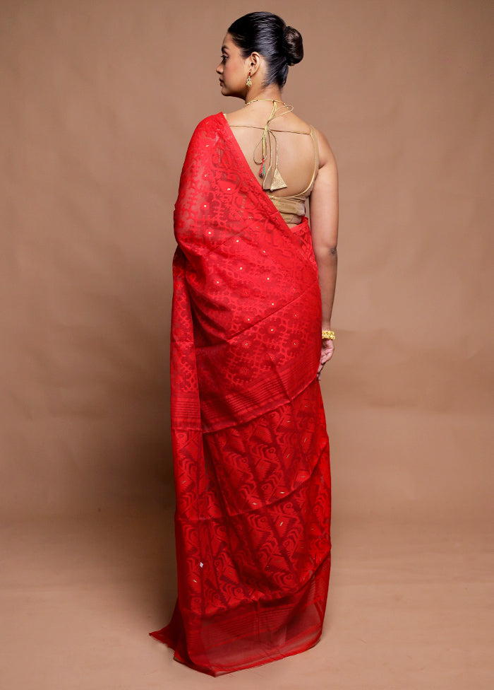 Red Tant Jamdani Saree Without Blouse Piece