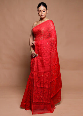 Red Tant Jamdani Saree Without Blouse Piece