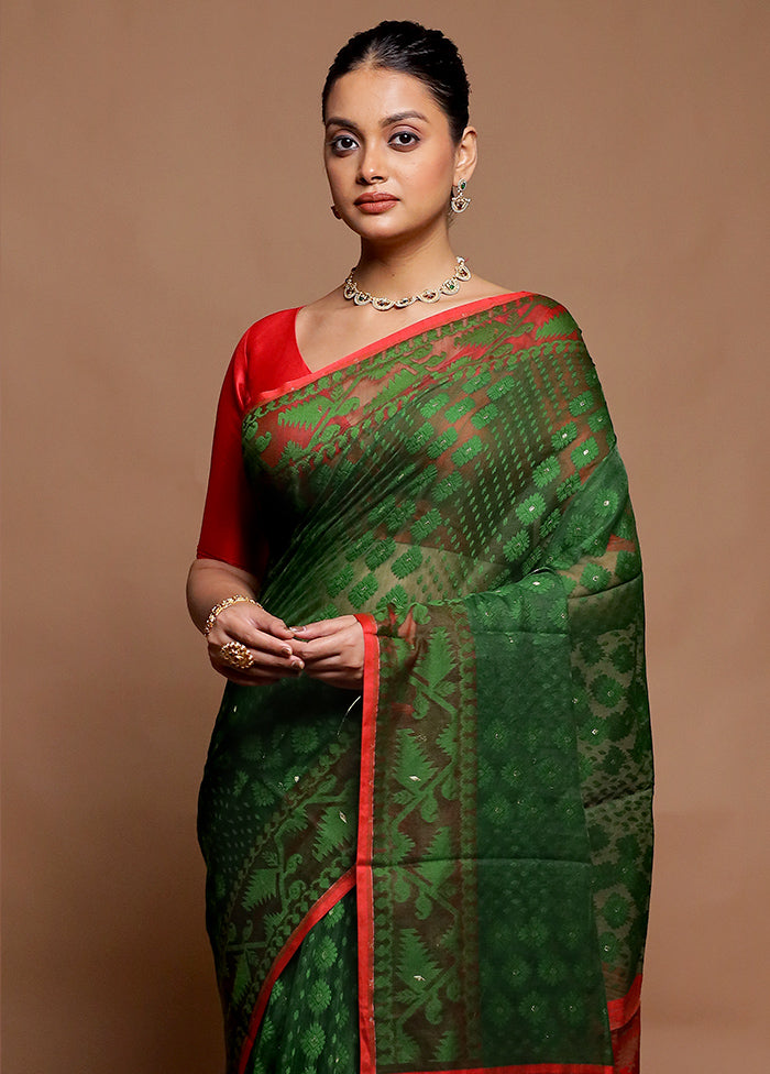 Green Tant Jamdani Saree Without Blouse Piece