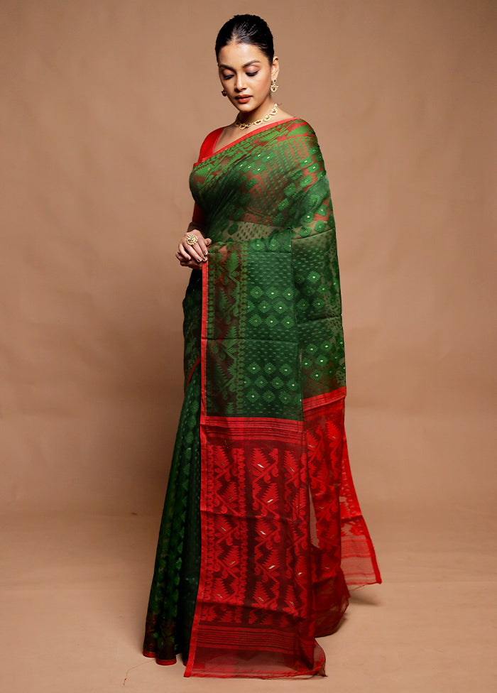 Green Tant Jamdani Saree Without Blouse Piece