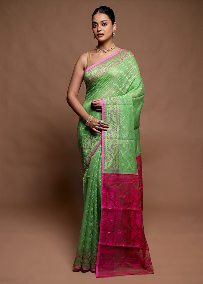 Green Tant Jamdani Saree Without Blouse Piece