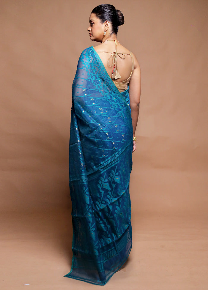 Blue Tant Jamdani Saree Without Blouse Piece