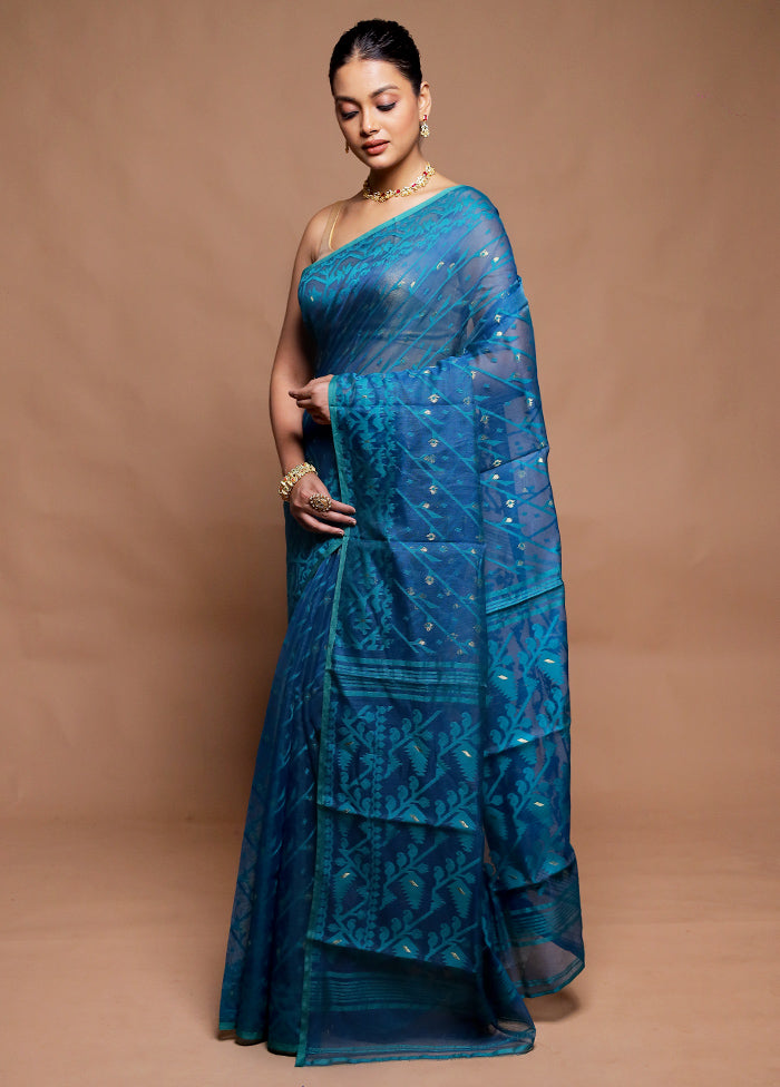 Blue Tant Jamdani Saree Without Blouse Piece