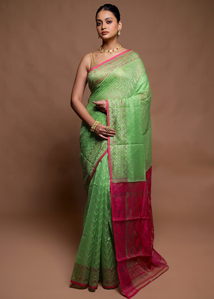 Green Tant Jamdani Saree Without Blouse Piece