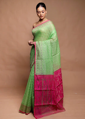 Green Tant Jamdani Saree Without Blouse Piece