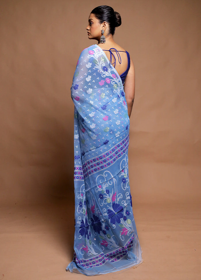 Blue Tant Jamdani Saree Without Blouse Piece