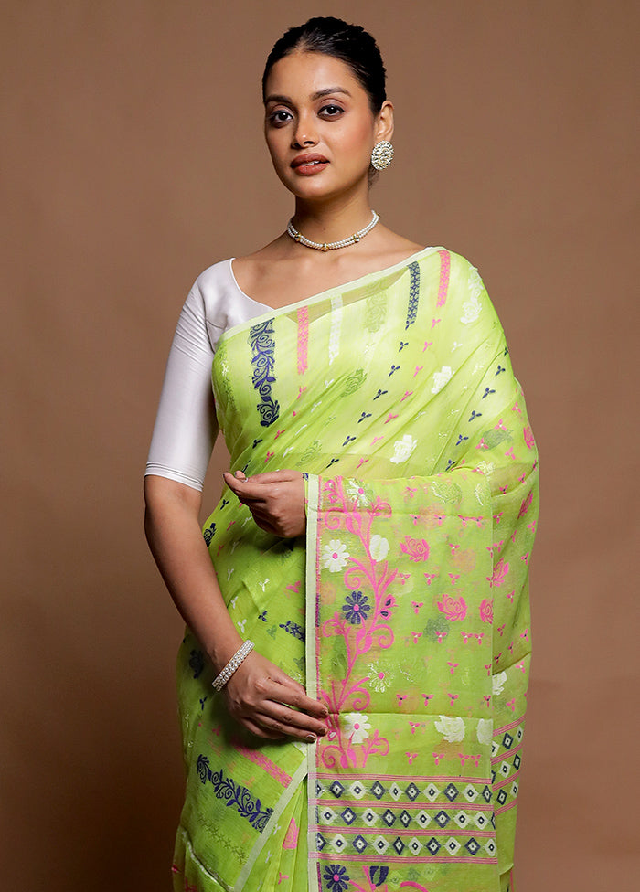 Green Tant Jamdani Saree Without Blouse Piece