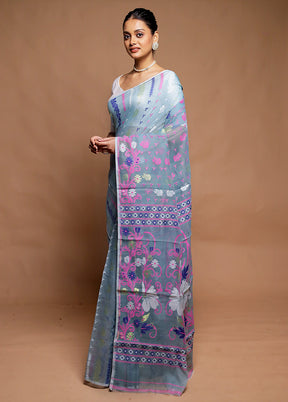 Blue Tant Jamdani Saree Without Blouse Piece