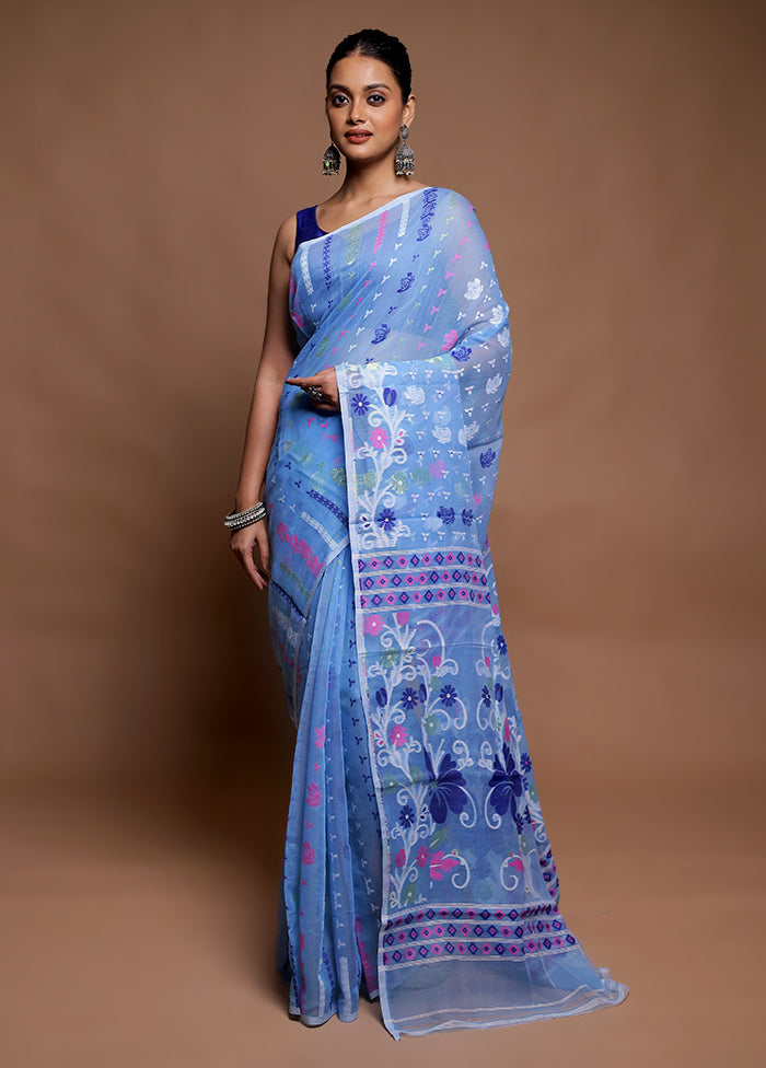 Blue Tant Jamdani Saree Without Blouse Piece