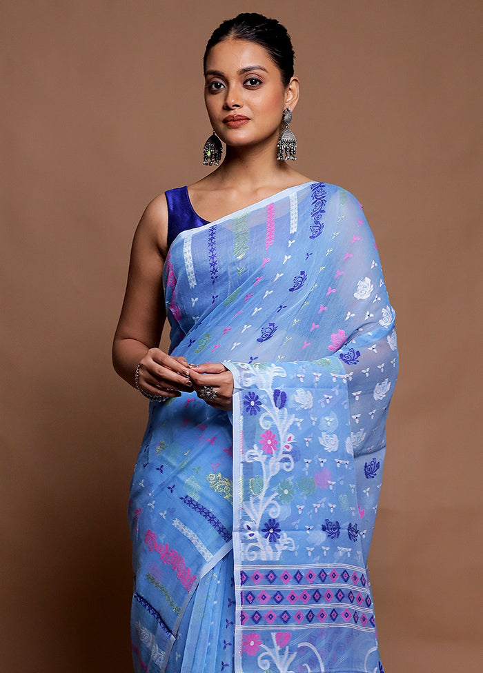 Blue Tant Jamdani Saree Without Blouse Piece