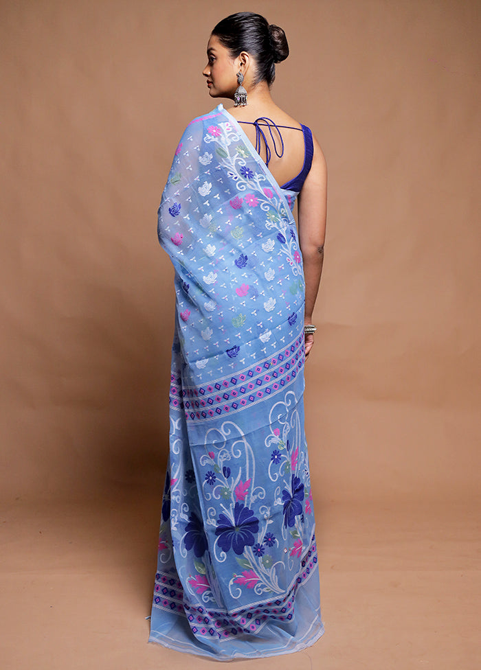 Blue Tant Jamdani Saree Without Blouse Piece