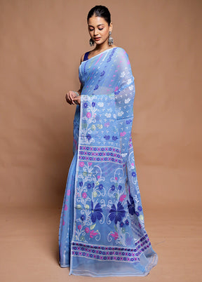 Blue Tant Jamdani Saree Without Blouse Piece