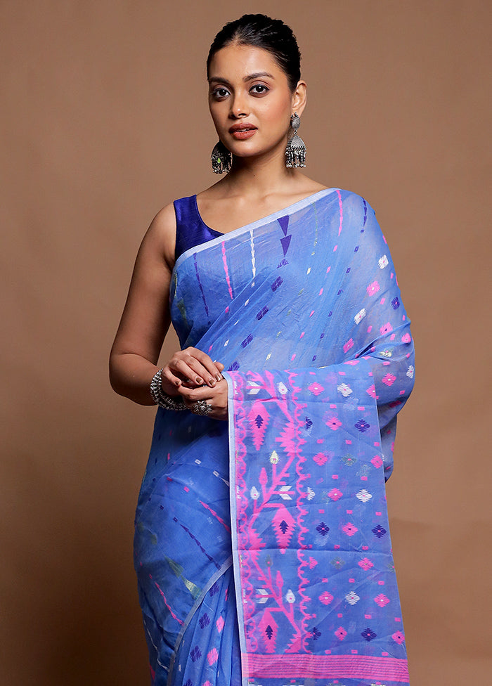 Blue Tant Jamdani Saree Without Blouse Piece