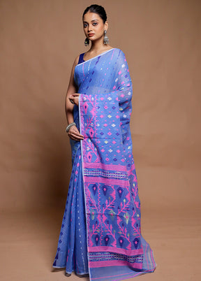 Blue Tant Jamdani Saree Without Blouse Piece