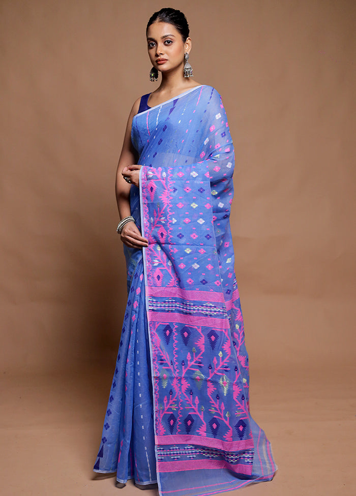 Blue Tant Jamdani Saree Without Blouse Piece