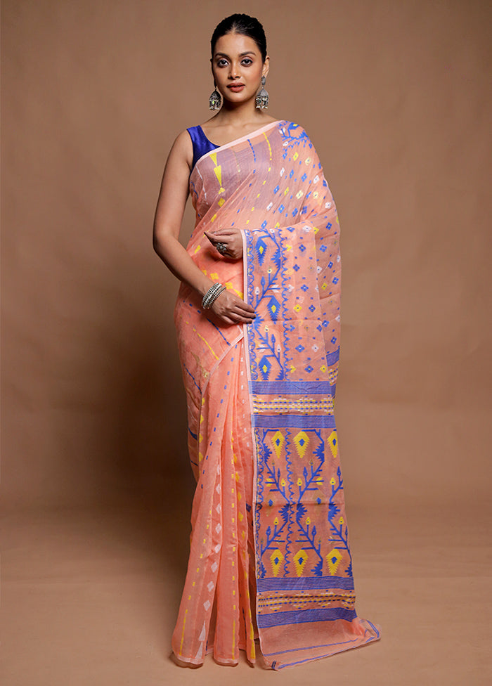 Peach Tant Jamdani Saree Without Blouse Piece