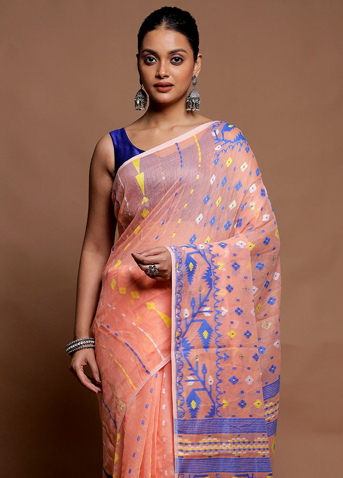 Peach Tant Jamdani Saree Without Blouse Piece