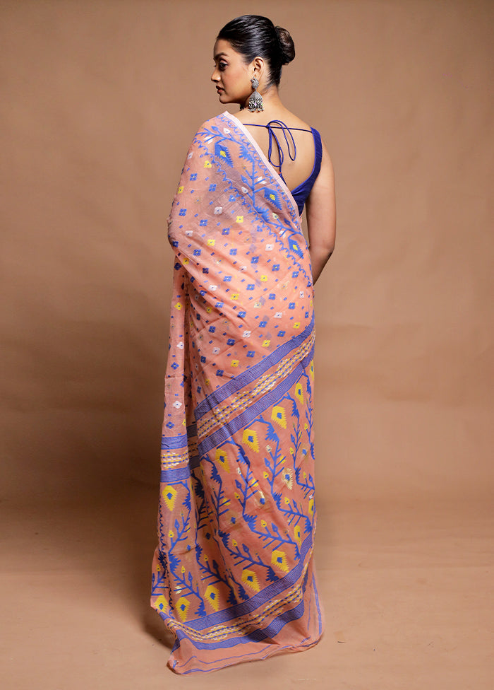 Peach Tant Jamdani Saree Without Blouse Piece