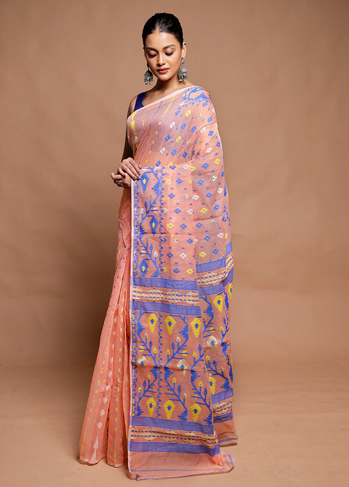 Peach Tant Jamdani Saree Without Blouse Piece