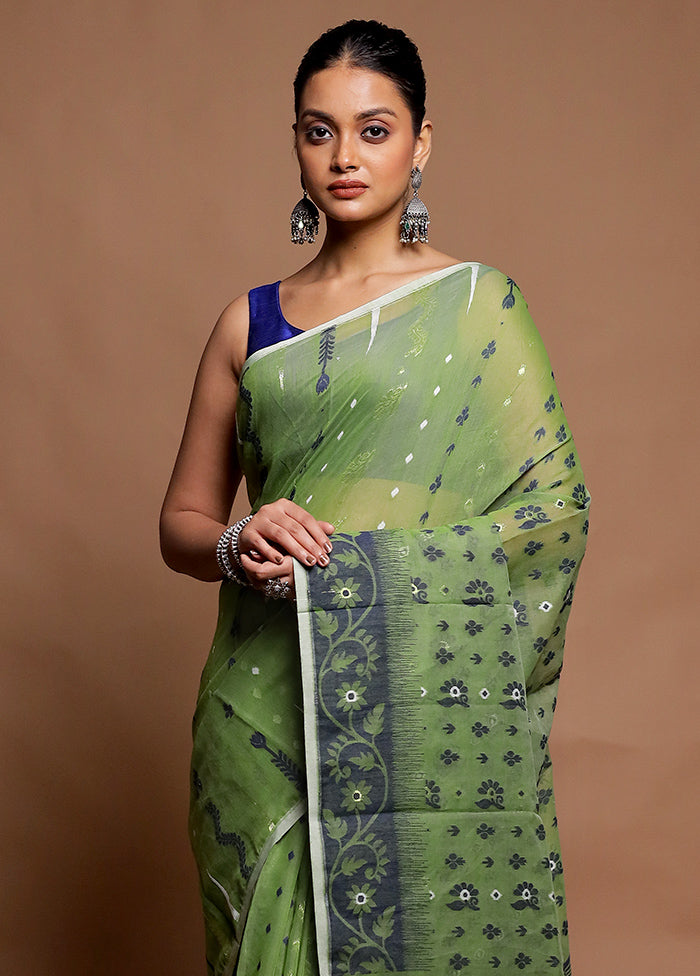 Green Tant Jamdani Saree Without Blouse Piece