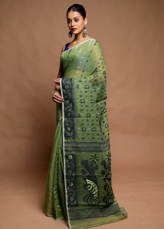 Green Tant Jamdani Saree Without Blouse Piece