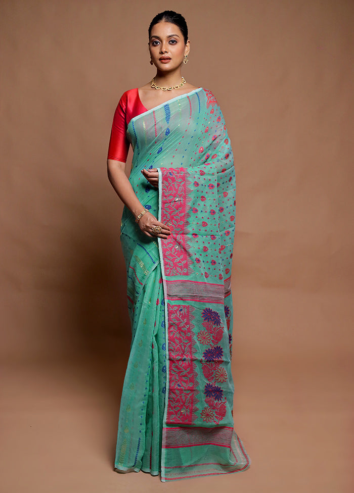 Green Tant Jamdani Saree Without Blouse Piece