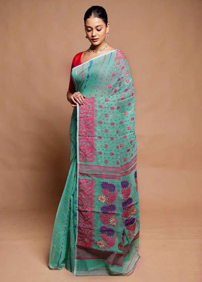 Green Tant Jamdani Saree Without Blouse Piece