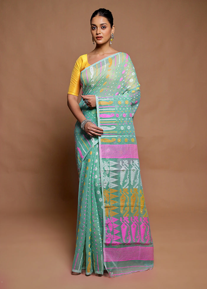 Green Tant Jamdani Saree Without Blouse Piece