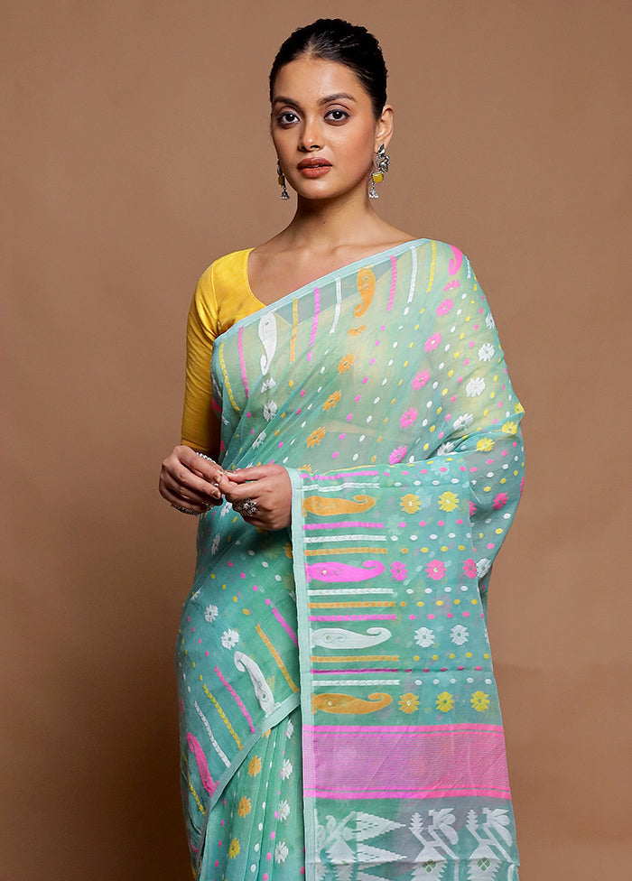 Green Tant Jamdani Saree Without Blouse Piece