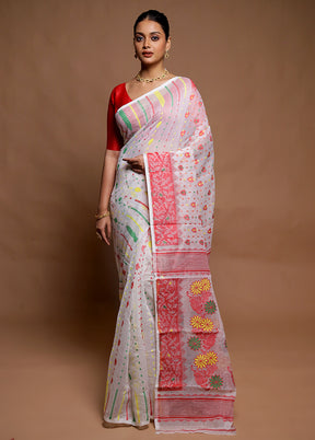 White Tant Jamdani Saree Without Blouse Piece