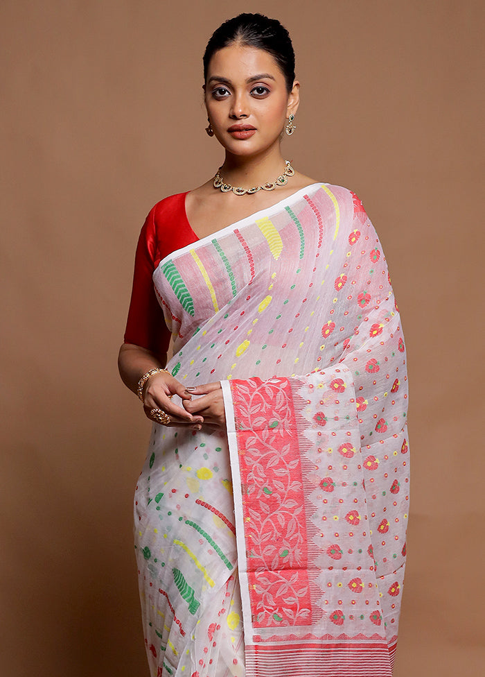 White Tant Jamdani Saree Without Blouse Piece