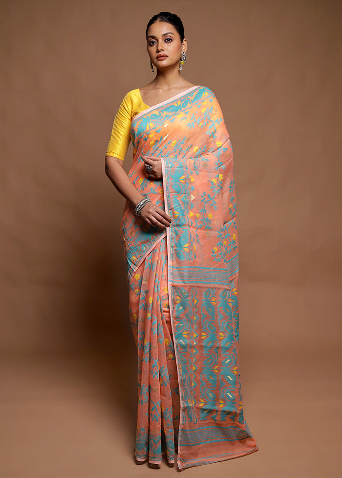 Peach Tant Jamdani Saree Without Blouse Piece