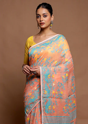 Peach Tant Jamdani Saree Without Blouse Piece