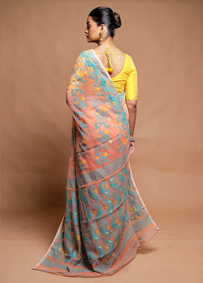 Peach Tant Jamdani Saree Without Blouse Piece